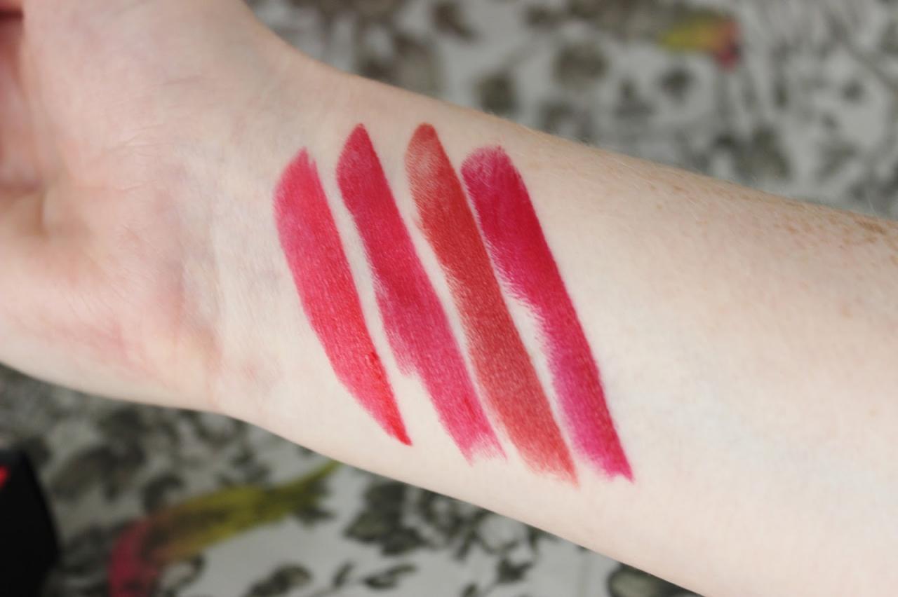 Son L'Oreal pure reds swatches - Julianne, Liya's, Eva's and Blake's